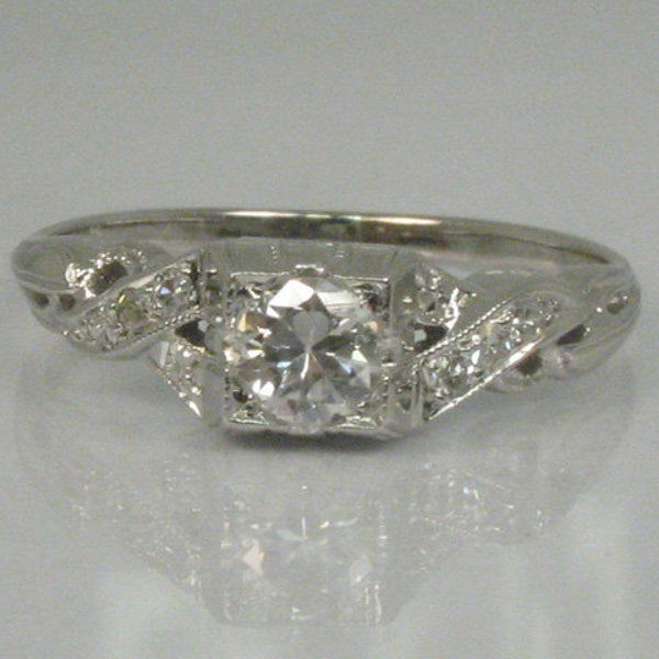 Antique Style Diamond Engagement Ring - 18K White Gold - Old Cut Diamond