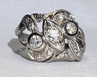 Vintage Multi-Diamond Cocktail Ring in 14K White Gold - Fiery Diamonds With Mid Century Styling