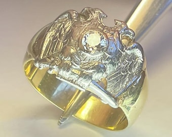 Antique 14K Gold Masonic Ring – European Cut Diamond, Platinum Detail