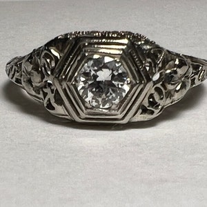 Antique Filligree Diamond Engagent Ring 18K White Gold Transitional Cut Diamond Solitaire - Superb!