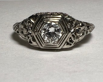 Antique Filligree Diamond Engagent Ring 18K White Gold Transitional Cut Diamond Solitaire - Superb!