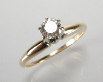 Vintage Six Prong Diamond Solitaire Engagement Ring - 14K Yellow Gold Band - 0.18 Carat Brilliant Round Diamond UNIQUE High Elevation Stone!
