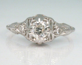 Antique European Cut Diamond Engagement Ring With Diamond Accents in 18K White Gold