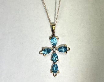 Vintage Blue Topaz Cross Necklace in 14K Yellow Gold - New Chain Included