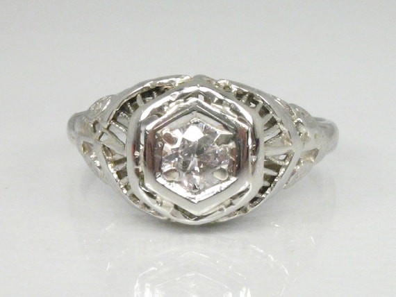 Old European Cut Diamond Antique Filigree Dome Engagement Ring - 18K White Gold Birds And Floral Filigree Antique Diamond Ring - UNIQUE!!