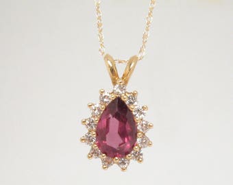 Purple Pink Pear Shape Garnet With Round Diamond Accents - Tear Drop Shape Pendant Set In 14K Yellow Gold With 16 Inch 14K Yellow Gold Chain