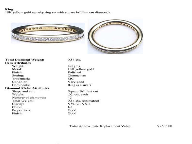 May include: A 18K yellow gold eternity ring set with square brilliant cut diamonds. The ring has a total diamond weight of 0.84 carats and is a size 7. The ring is in very good condition.