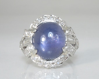 Antique Star Sapphire and Diamond Platinum Ring - Art Deco Era Styling - GIA Graduate Gemologist Appraisal Included USD 8390.00 - Fantastic!