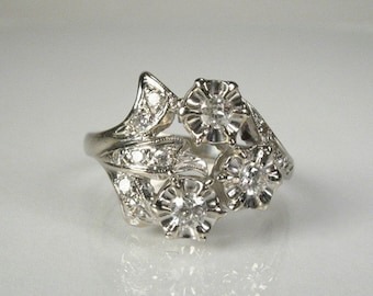 European Cut Diamond Cocktail Ring w Single Cut Accents - 14K White Gold Mid-Century Vintage- 0.33 Carats Total Weight - Unique And Fiery!
