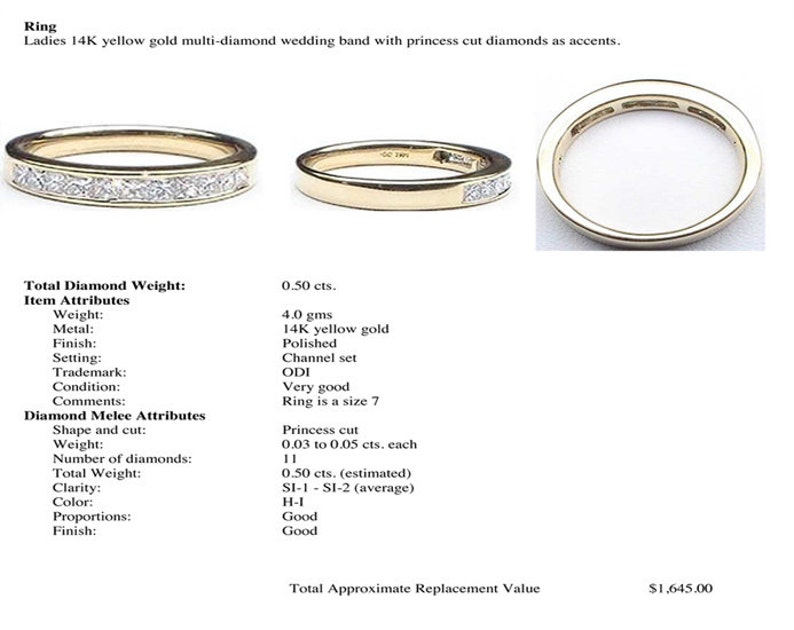 May include: A 14K yellow gold wedding band with a channel set of princess cut diamonds. The band has a total diamond weight of 0.50 carats. The band is polished and in very good condition.
