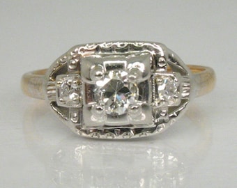 Antique European Cut Diamond Solitaire Ring With Single Cut Diamond Accents 18K Yellow and 14K White Gold - Three Stone Retro 1940s Diamond