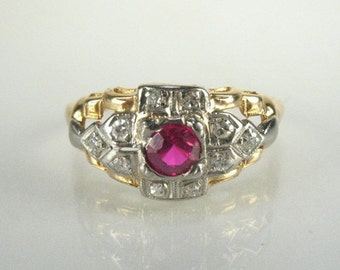 Sweet Vintage Synthetic "Ruby" and Diamond Ring With Old World Charm - Fiery Single Cut Diamond Accents - Ring Sold "As Is" See Description