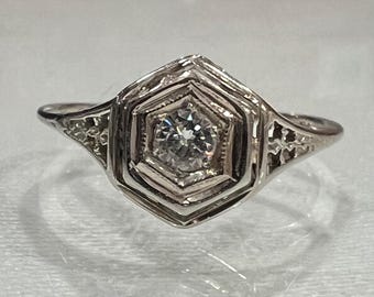 Antique Diamond Filigree Ring - 0.10 Carat Solitaire - 14 K White Gold