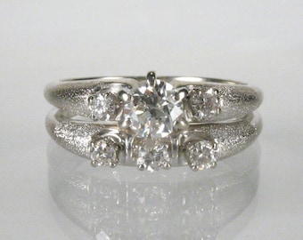 Diamond Wedding Ring Set - 14K White Gold With Fiery Vintage Transitional Cut Center and Round Brilliant Cut Accents