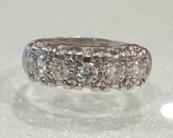 Diamond Wedding Band - 0.35 Carats - Vintage 1960s-70s Era Styling - 14K White Gold