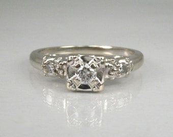 Vintage Three Diamond Engagement Ring – 0.14 carats Diamond Total Weight - Classic 1960s - 1970s Era Styling 14K White Gold