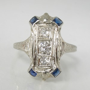 Antique Art Deco Old European Cut Diamond And &quot;Sapphire&quot; 18K White Gold Ring - Vintage Cocktail Ring - Women&#39;s Size 5.5 Estate Diamond Ring