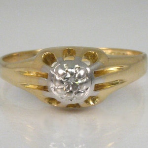 Antique Diamond Solitaire Engagement Ring - Single Cut Natural Diamond In 18K Yellow Gold White Gold Top Belcher Setting - WONDERFUL