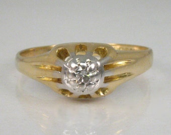 Antique Diamond Solitaire Engagement Ring - Single Cut Natural Diamond In 18K Yellow Gold White Gold Top Belcher Setting - WONDERFUL