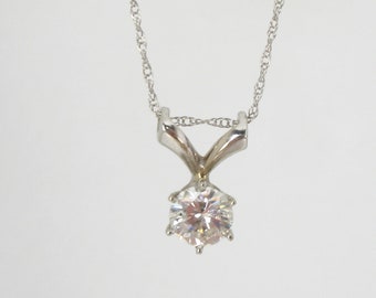 Solitaire Diamond Pendant 0.65 Carat Round Brilliant Cut - GIA Grad Appraisal Included USD 3185.00! - 16" 14K White Gold Chain Vintage Style