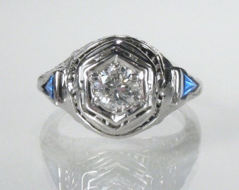 Antique Diamond And Sapphire (SYNTHETIC  SAPPHIRE) Engagement Ring in 14K White Gold
