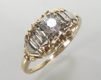 Vintage 14K Gold European Cut Diamond Engagement Ring - 1940s Retro Style