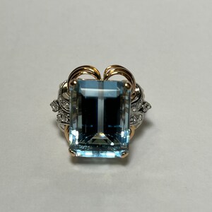 Fantastic Antique Aquamarine Ring in 14K Rose Gold and White Gold With Single Cut Diamond Accents - Art Deco - Appraised at 10,800.00 USD