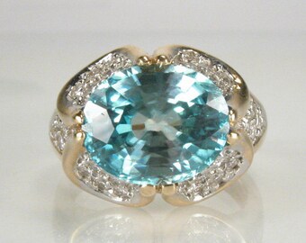 Vintage 14K Gold Blue Zircon Diamond Ring – Estate Cocktail Ring - Appraisal Included USD 4020.00