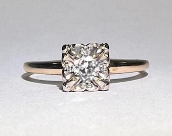 Anillo de compromiso vintage de oro amarillo de 14k con diamantes - Cabeza ilusión