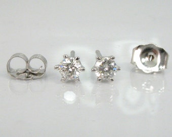 Diamond Ear Studs - 0.22 Carats Total Weight - 14K White Gold Six Prong Modern Appeal With As New Vintage Mountings - Round Brilliant Cuts