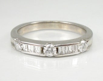 Vintage 14K White Gold Diamond Wedding Band - Round & Baguette Cut, Size 6