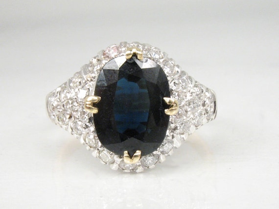Estate Sapphire Diamond Cocktail Ring With 28 Round Full Cut Diamonds Appraisal by Independent GIA Graduate Gemologist USD 2075.00