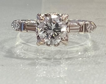 Vintage Diamond and Platinum Engagement Ring - 0.76 Round Brilliant Cut  W Baguette and Single Cut Accents