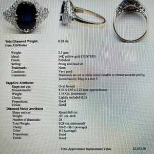 May include: A 14K yellow gold ring with an oval faceted sapphire and round full cut diamonds. The ring is size 5 and weighs 2.3 grams. The total diamond weight is 0.28 carats. The sapphire is 8.54 x 6.50 x 3.21 mm. The diamonds are VS-2-SI-1 clarity and H-I color. The ring is in very good condition.