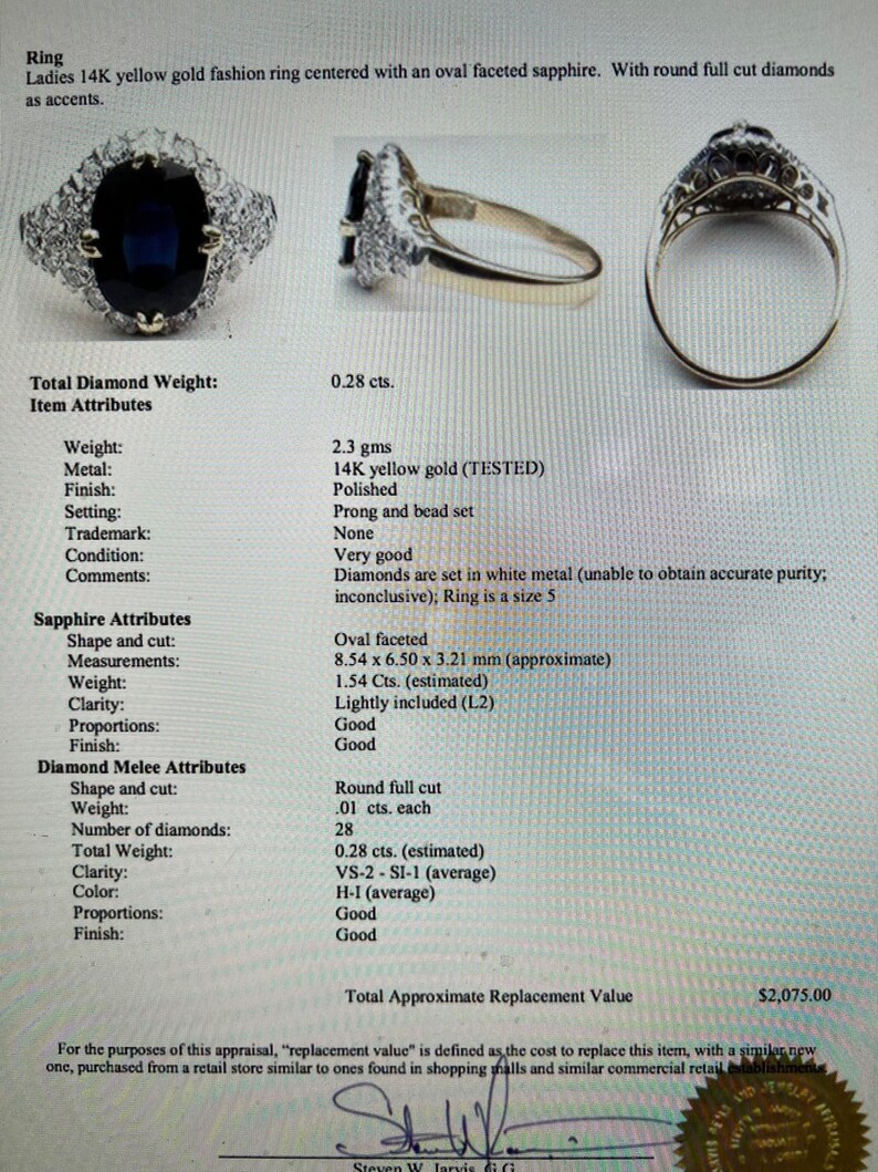 May include: A 14K yellow gold ring with an oval faceted sapphire and round full cut diamonds. The ring is size 5 and weighs 2.3 grams. The total diamond weight is 0.28 carats. The sapphire is 8.54 x 6.50 x 3.21 mm. The diamonds are VS-2-SI-1 clarity and H-I color. The ring is in very good condition.