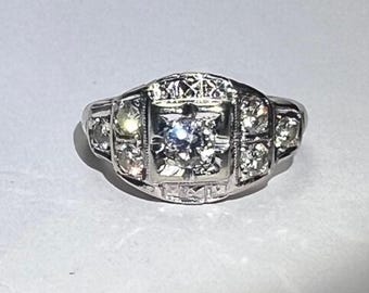 Art Deco Vintage Diamond Engagement Ring with Seven Diamonds Size 6 in 14 K White Gold