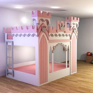May include: A pink and white castle-shaped bunk bed with a ladder. The bed has a castle facade with turrets and arched doorways. The room features wooden floors, a wooden shelf, and cloud-shaped shelves.
