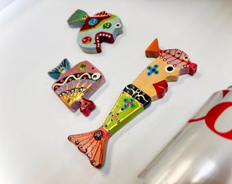 Handbemalte Holzfische Wandkunst: 3er Set Einzigartige Dekorationen