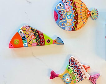 Handgemachte bemalte Holzfischwandkunst: 3er-Set