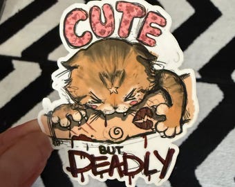 Cute But Deadly - ferocious cat cutie 3" vinyl waterproof sticker - cute, succulent, plants, kitty, houseplant, kawaii