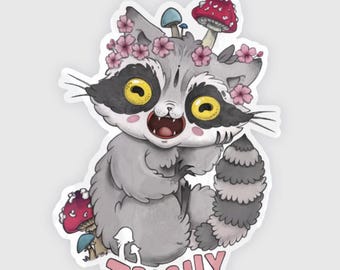 Trash Panda - Trashy raccoon with mushroom crown - vinyl sticker UV resistant and Waterproof