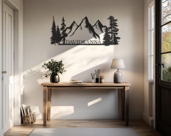 Personalized Mountain Couple Metal Name Sign: Rustic Forest Wall Art