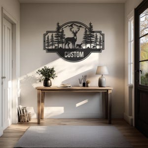 Personalized Deer Forest Metal Wall Art: Rustic Cabin Name Sign