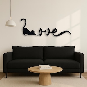 Minimalist Metal Cat Love Wall Art Sign – Laser Cut Kitten Silhouette Decor – Cute Cat Mom Gift Idea – Modern Pet Lover Home Accent