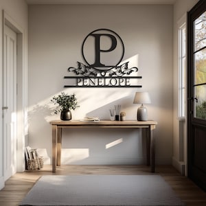 Arte de pared de metal con nombre personalizado, elegante letrero con nombre personalizado con inicial, decoración de pared con monograma, placa moderna con nombre familiar, lista para colgar