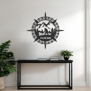 Custom Compass Metal Wall Art: Personalized Mountain Cabin Decor