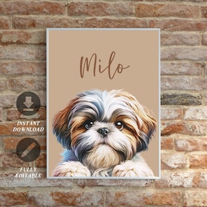 Pet portrait custom shih tzu dog wall print for pet dog Shih tzu wall art portrait Shih tzu dog gift idea for dog owners personalised print