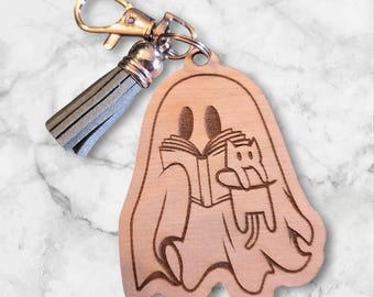 Reading Ghost Wooden Keychain: Book Lover Gift