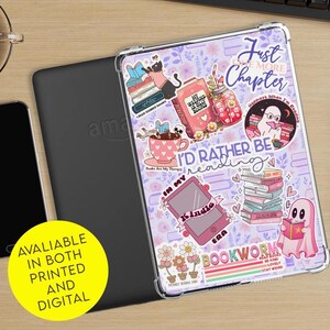 以下が含まれることがあります： 紫とピンクのiPadケースに、本をテーマにしたステッカーがいくつか貼られています。ステッカーには、読書、本、Kindleに関する引用が書かれています。ケースは印刷版とデジタル版の両方で入手可能です。