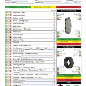 May include: A vehicle multi-point inspection checklist with sections for engine oil level, windshield fluid, coolant level, power steering fluid, brake reservoir, brake lines, transmission, transfer case, wiper blades, cabin air filter, air filter, parking brake operation, tire pressure, cooling system, hoses, drive belts, drive shaft, axle hub and bearing, steering linkage, suspension, fluid leaks, exhaust system, fuel line, HVAC operation, rotate tires, and spark plugs. The checklist also includes sections for front and rear brake linings, tire tread depth, and battery condition.